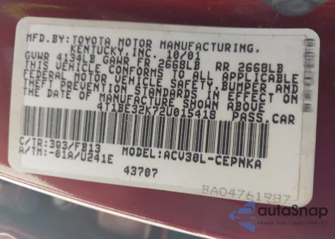 2002 Toyota Camry Le from USA, damaged, VIN 4T1BE32K72U015418